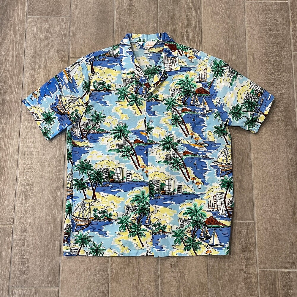 Vintage Islander Blue Hawaiian Aloha Shirt Polyester L